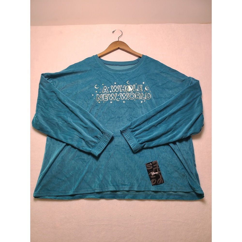 NWT Disney XL Sleep Top Aladdin A Whole New World Teal Velvet Long Sleeve Lounge